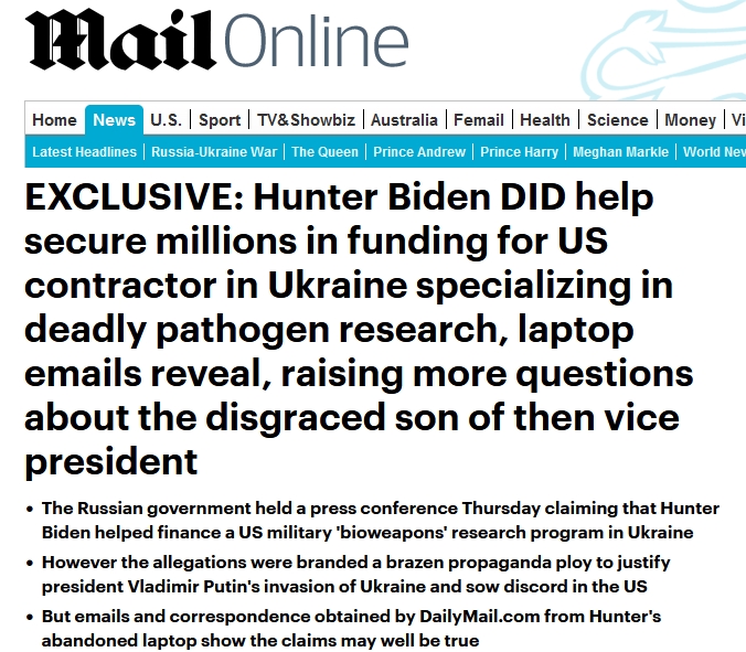 Diario británico: hijo de Biden financió guerra biológica contra Rusia Londres. Por Josh Boswell | Daily Mail, Reino Unido